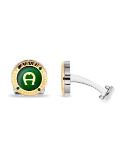 Aigner round cufflink for gent steel silver , Green
