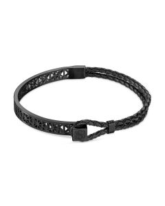 Saint Honore bracelet for men steel black , Black leather