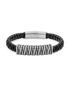 Police BARBED bracelet for men silver with black leather